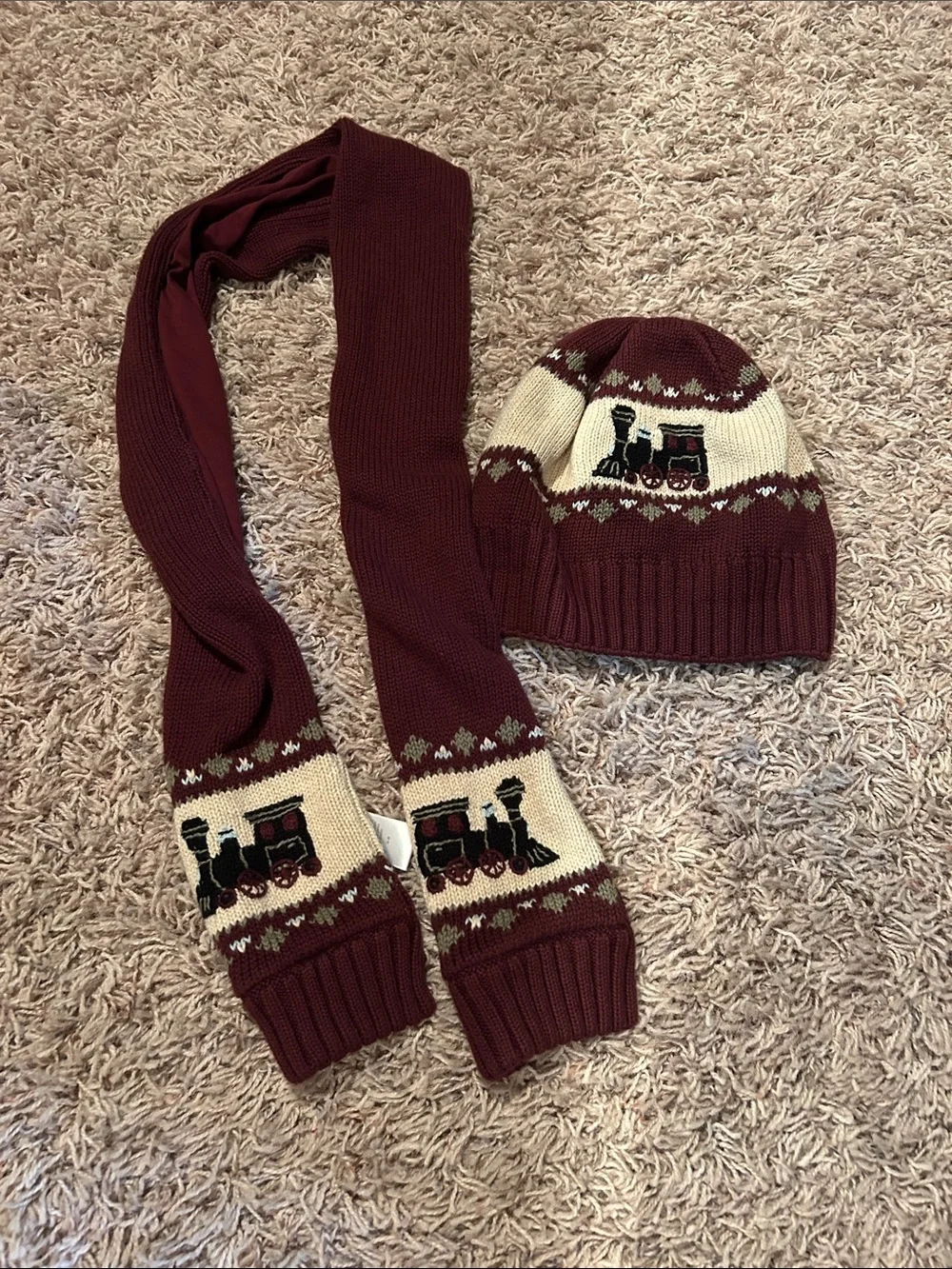 Kids Maroon Train Beanie and Scarf Set